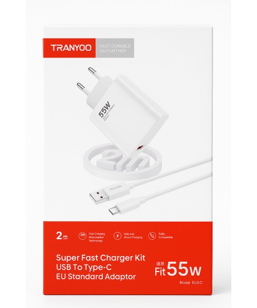 Tranyoo EU3-C Φορτιστής με Καλώδιο TYPE -C  TO TYPE -C & Θύρα USB-C fIT 55W -Λευκό