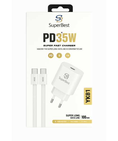 Superbest YK81 Charger with TYPE -C TO TYPE -C Cable & USB-C PD Port 35W Power White