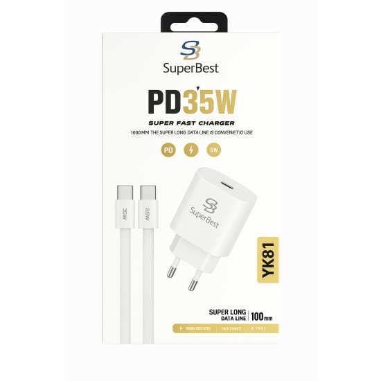 Superbest YK81 Φορτιστής με Καλώδιο TYPE -C TO TYPE -C & Θύρα USB-C PD 35W Power Λεύκο Superbest YK81 Φορτιστής με Καλώδιο TYPE -C TO TYPE -C & Θύρα USB-C PD 35W Power Λεύκο