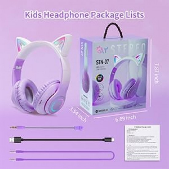 Ασύρματα ακουστικά Bluetooth για παιδιά Cat Ear με μικρόφωνο ακύρωσης θορύβου, LED με φωτισμό πάνω από το αυτί και στερεοφωνικό ήχο-Λιλά