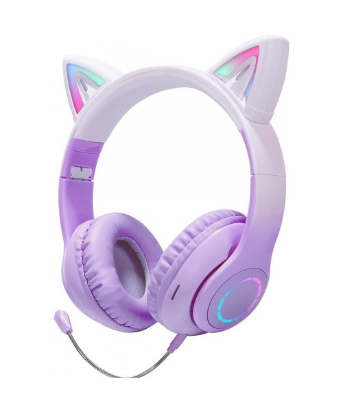 Ασύρματα ακουστικά Bluetooth για παιδιά Cat Ear με μικρόφωνο ακύρωσης θορύβου, LED με φωτισμό πάνω από το αυτί και στερεοφωνικό ήχο-Λιλά