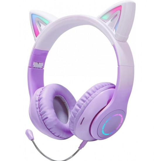 Ασύρματα ακουστικά Bluetooth για παιδιά Cat Ear με μικρόφωνο ακύρωσης θορύβου, LED με φωτισμό πάνω από το αυτί και στερεοφωνικό ήχο-Λιλά