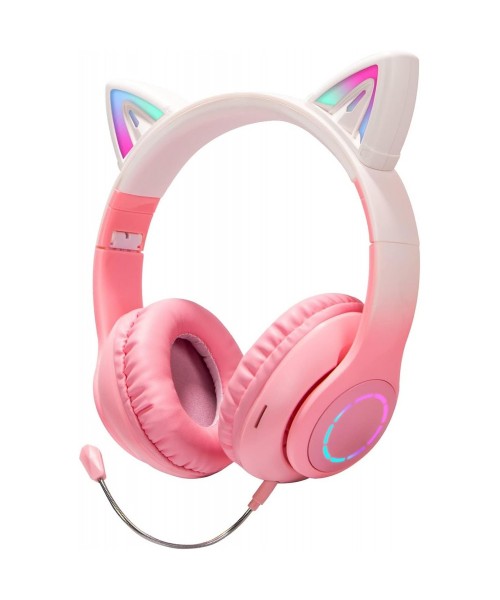 Ασύρματα ακουστικά Bluetooth για παιδιά Cat Ear με μικρόφωνο ακύρωσης θορύβου, LED με φωτισμό πάνω από το αυτί και στερεοφωνικό ήχο-Ρόζ