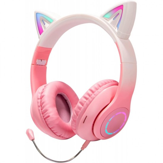 Ασύρματα ακουστικά Bluetooth για παιδιά Cat Ear με μικρόφωνο ακύρωσης θορύβου, LED με φωτισμό πάνω από το αυτί και στερεοφωνικό ήχο-Ρόζ