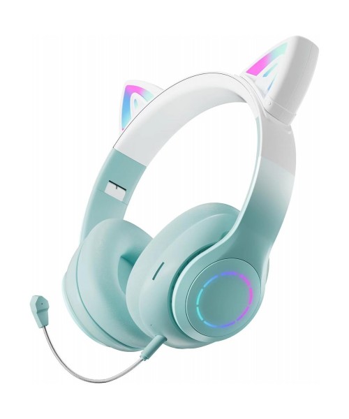 Ασύρματα ακουστικά Bluetooth για παιδιά Cat Ear με μικρόφωνο ακύρωσης θορύβου, LED με φωτισμό πάνω από το αυτί και στερεοφωνικό ήχο-Πράσινο