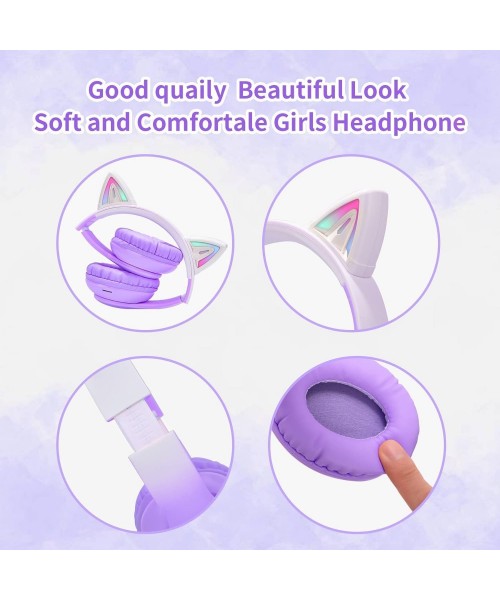 Ασύρματα ακουστικά Bluetooth για παιδιά Cat Ear με μικρόφωνο ακύρωσης θορύβου, LED με φωτισμό πάνω από το αυτί και στερεοφωνικό ήχο-Λιλά