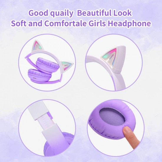 Ασύρματα ακουστικά Bluetooth για παιδιά Cat Ear με μικρόφωνο ακύρωσης θορύβου, LED με φωτισμό πάνω από το αυτί και στερεοφωνικό ήχο-Λιλά