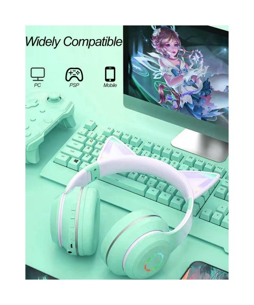 Ασύρματα ακουστικά Bluetooth για παιδιά Cat Ear με μικρόφωνο ακύρωσης θορύβου, LED με φωτισμό πάνω από το αυτί και στερεοφωνικό ήχο-Πράσινο