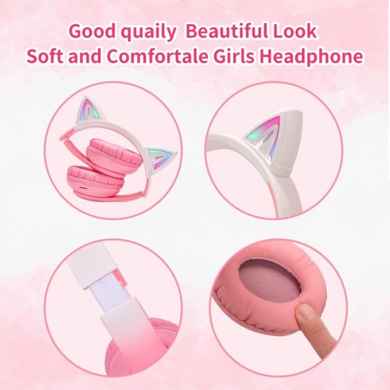 Ασύρματα ακουστικά Bluetooth για παιδιά Cat Ear με μικρόφωνο ακύρωσης θορύβου, LED με φωτισμό πάνω από το αυτί και στερεοφωνικό ήχο-Ρόζ