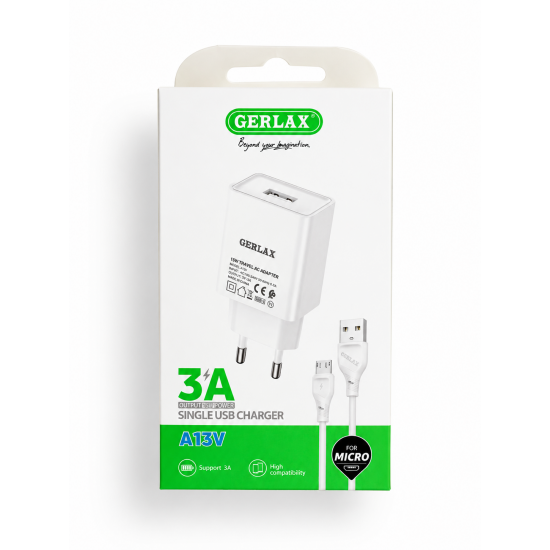 Gerlax A13V 3A Single USB Charger – Ταξιδιωτικός Αντάπτορας για Micro USB, 15W