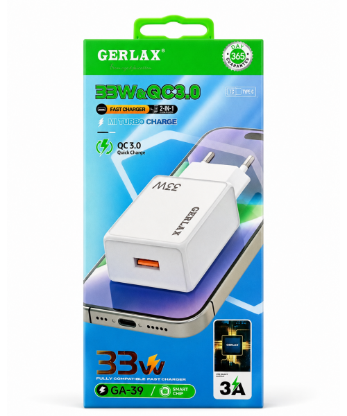 GERLAX GA-39 Φορτιστής Ταχείας Φόρτισης 33W QC3.0 με Καλώδιο Type-C
