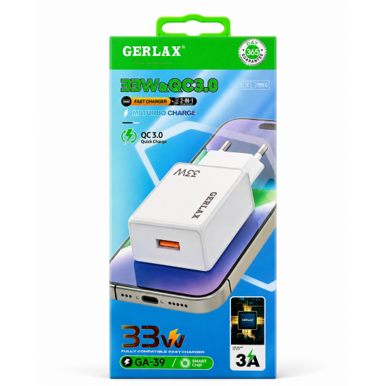 GERLAX GA-39 Φορτιστής Ταχείας Φόρτισης 33W QC3.0 με Καλώδιο Type-C