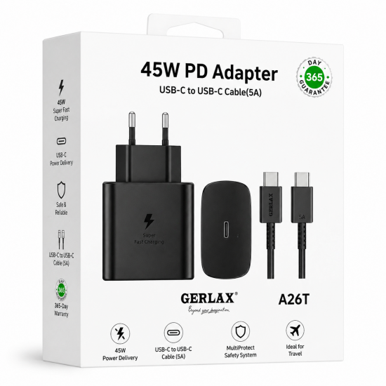 GERLAX 45W PD Φορτιστής – USB-C σε USB-C Καλώδιο (5A) – Γρήγορη Φόρτιση
