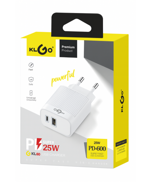KLGO Φορτιστής Χωρίς Καλώδιο με Θύρα USB-A και Θύρα USB-C 25W Power Delivery / Quick Charge 3.0 Λευκός (PD-600)