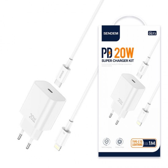 Sendem OG73 Σετ Ταχυφορτιστή PD 20W με Καλώδιο USB-C σε Lightning 1m – Λευκό