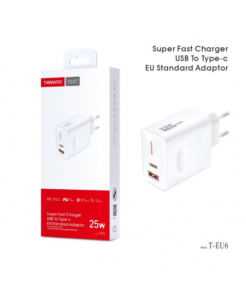 Tranyoo Φορτιστής Χωρίς Καλώδιο με Θύρα USB-A και Θύρα USB-C 25W Power Delivery Λευκός (T-EU6)