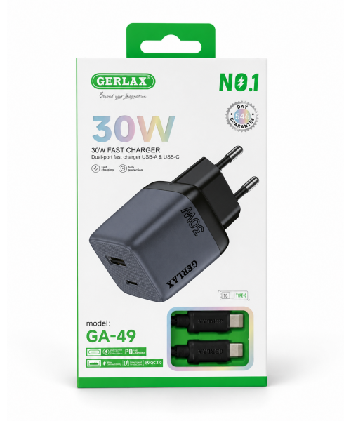 GERLAX 30W Dual-Port Fast Charger GA-49 με USB-A και USB-C Θύρες-LIGHTNING