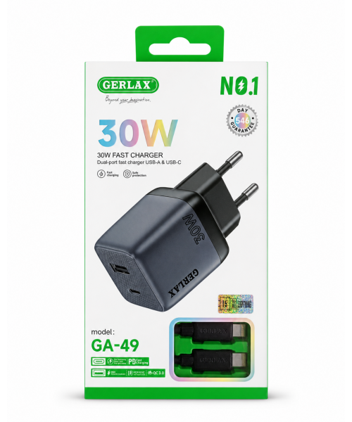 GERLAX 30W Dual-Port Fast Charger GA-49 με USB-A και USB-C Θύρες