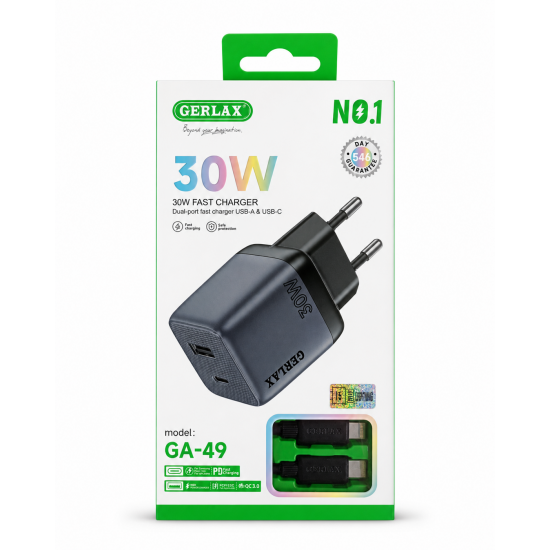 GERLAX 30W Dual-Port Fast Charger GA-49 με USB-A και USB-C Θύρες