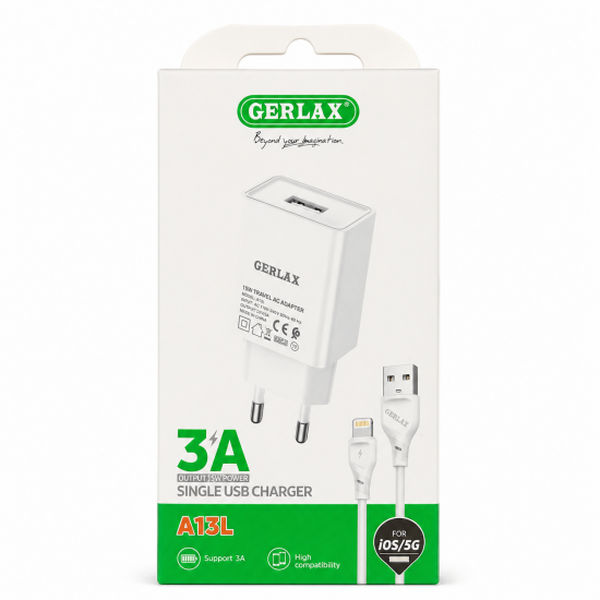 GERLAX A13L Φορτιστής USB 3A - 15W Αντάπτορας με Καλώδιο USB για iOS/5G