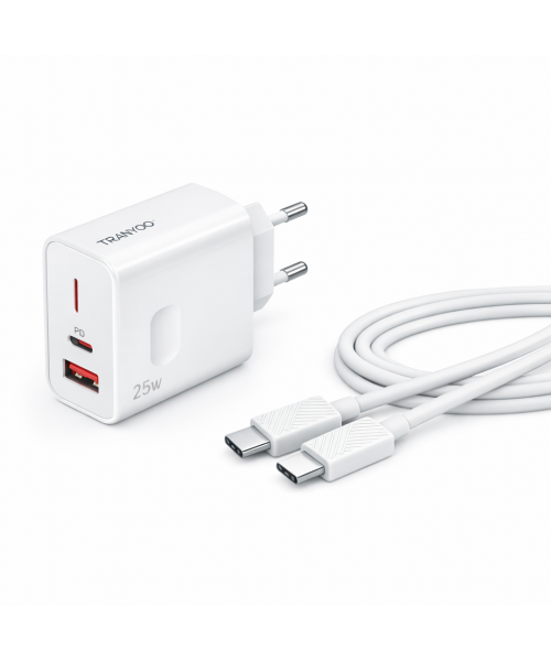 TRANYOO Super Fast Charger Kit 25W USB-C – Φορτιστής Πρίζας με Καλώδιο Type-C to Type-C -Model T-EU6C
