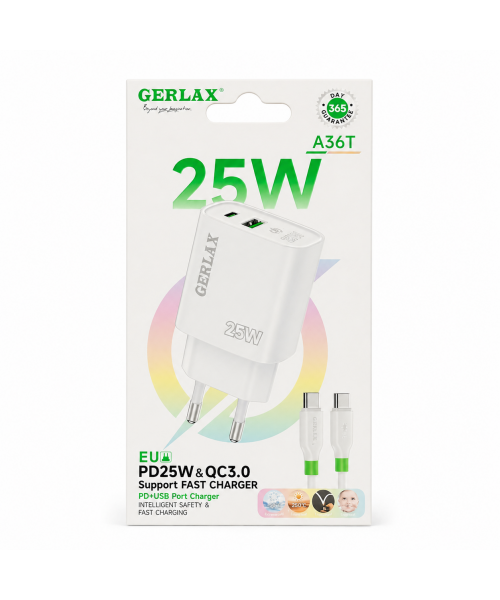 GERLAX A36T Φορτιστής Ταχείας Φόρτισης 25W PD & QC3.0 με Καλώδιο Type-C