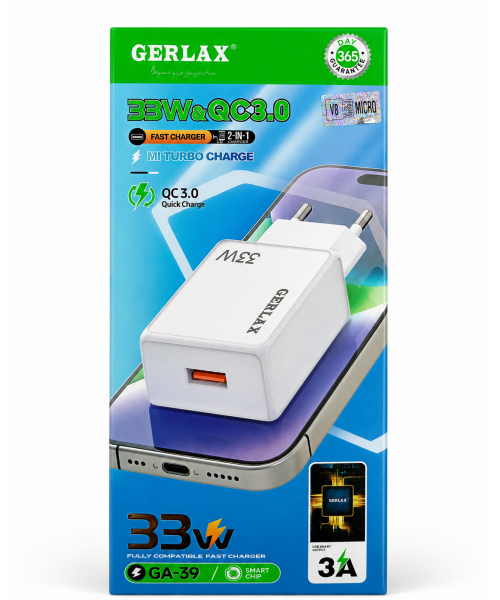 GERLAX GA-39 Φορτιστής Ταχείας Φόρτισης 33W QC3.0 με Καλώδιο Micro USB