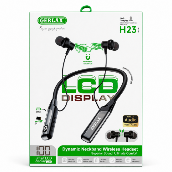 GERLAX H23 Ασύρματα Ακουστικά Λαιμού Bluetooth με LCD Display, Magnetic Earbuds & TF Card