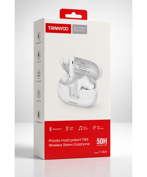 TRANYOO T-M26 TWS Ασύρματα Ακουστικά Bluetooth 5.3 με Hi-Fi Ήχο & 50 Ώρες Αναπαραγωγής – Λευκά