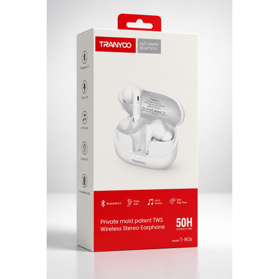 TRANYOO T-M26 TWS Ασύρματα Ακουστικά Bluetooth 5.3 με Hi-Fi Ήχο & 50 Ώρες Αναπαραγωγής – Λευκά
