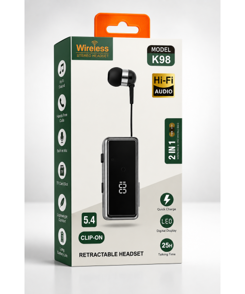 Wireless Stereo Headset K98 Bluetooth 5.4 Retractable Clip-On Ακουστικά με Hi-Fi Ήχο, LED Οθόνη & TF Card – Μαύρα