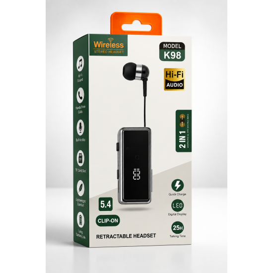 Wireless Stereo Headset K98 Bluetooth 5.4 Retractable Clip-On Ακουστικά με Hi-Fi Ήχο, LED Οθόνη & TF Card – Μαύρα