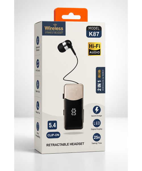 Wireless Stereo Headset K87 Bluetooth 5.4 Retractable Clip-On Ακουστικά με LED Οθόνη & Hi-Fi Ήχο – Μαύρα