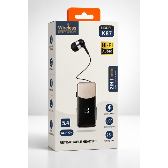 Wireless Stereo Headset K87 Bluetooth 5.4 Retractable Clip-On Ακουστικά με LED Οθόνη & Hi-Fi Ήχο – Μαύρα