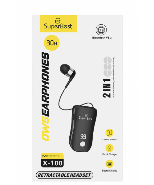 Ακουστικά Bluetooth SuperBest X-100 Retractable με Οθόνη LED και Αυτονομία 30 Ωρών