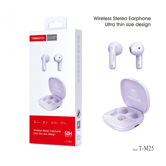 Ασύρματα Bluetooth Ακουστικά Tranuoo Purple T-M25 με Θήκη Φόρτισης – 50 Ώρες Αυτονομία
