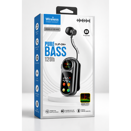 Wireless Stereo Headset S-530 MAX Ασύρματα Ακουστικά Bluetooth Clip-On με Pure Bass, TF Card & LED Οθόνη – Μαύρα