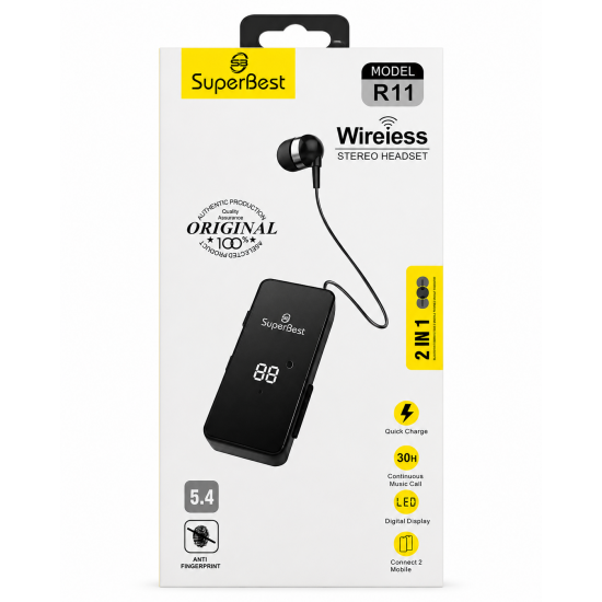 SuperBest R11 Ασύρματο Bluetooth 5.4 Stereo Headset με LED Οθόνη – Μαύρο