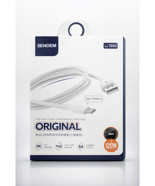 SENDEN Original T65S Καλώδιο Φόρτισης & Δεδομένων USB-A σε Type-C 120W 6A (1m)