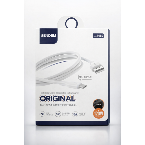 SENDEN Original T65S Καλώδιο Φόρτισης & Δεδομένων USB-A σε Type-C 120W 6A (1m)