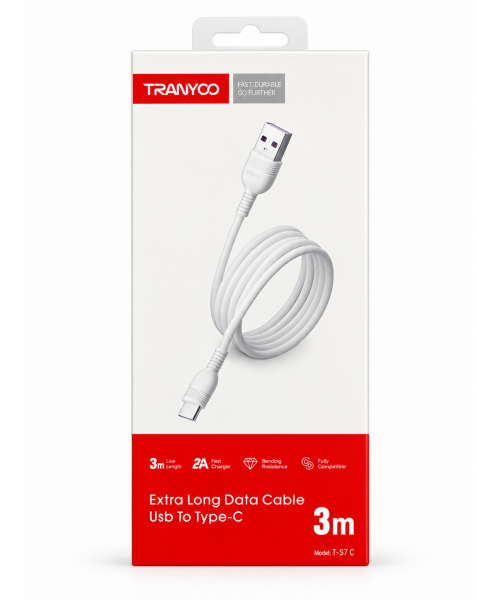 TRANYOO T-S7C Καλώδιο USB-A σε Type-C 2A Fast Charging & Data 3m – Λευκό