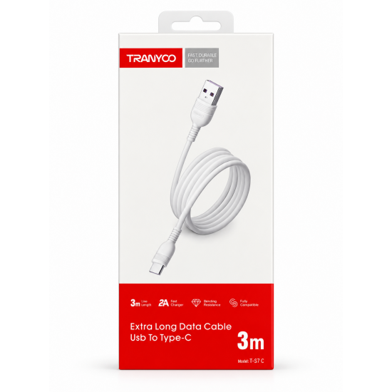 TRANYOO T-S7C Καλώδιο USB-A σε Type-C 2A Fast Charging & Data 3m – Λευκό