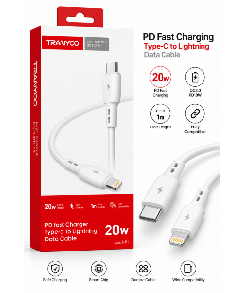 TRANYOO T-P1 Καλώδιο USB-C σε Lightning PD Fast Charging 20W & Data 1m – Λευκό