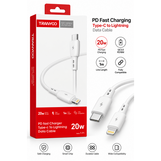 TRANYOO T-P1 Καλώδιο USB-C σε Lightning PD Fast Charging 20W & Data 1m – Λευκό