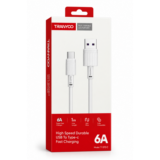 TRANYOO T-S13C Καλώδιο USB-A σε Type-C 6A Fast Charging 1m – Λευκό