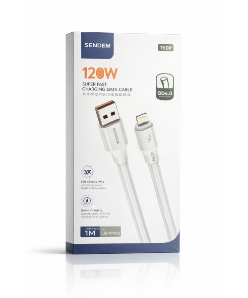 SENDEN T60P Καλώδιο Φόρτισης & Δεδομένων USB-A σε Lightning 120W – 1m, Soft Silicone