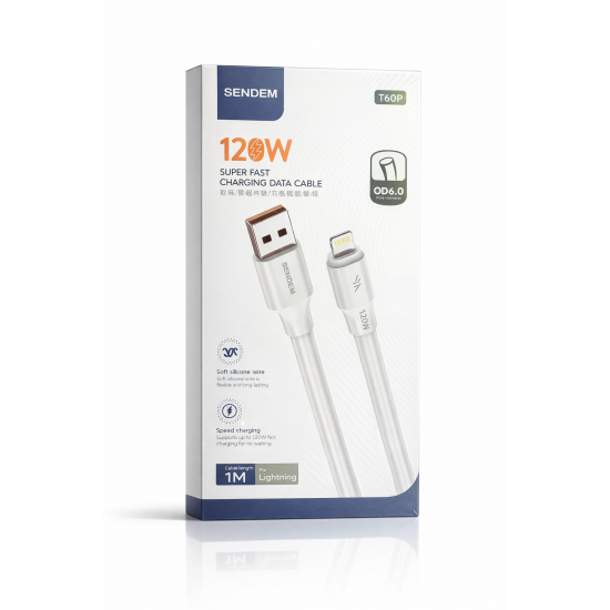SENDEN T60P Καλώδιο Φόρτισης & Δεδομένων USB-A σε Lightning 120W – 1m, Soft Silicone