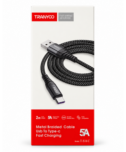 TRANYOO T-S16C Καλώδιο USB-A σε Type-C 5A Fast Charging 2m – Braided Μαύρο