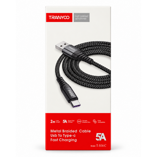 TRANYOO T-S16C Καλώδιο USB-A σε Type-C 5A Fast Charging 2m – Braided Μαύρο