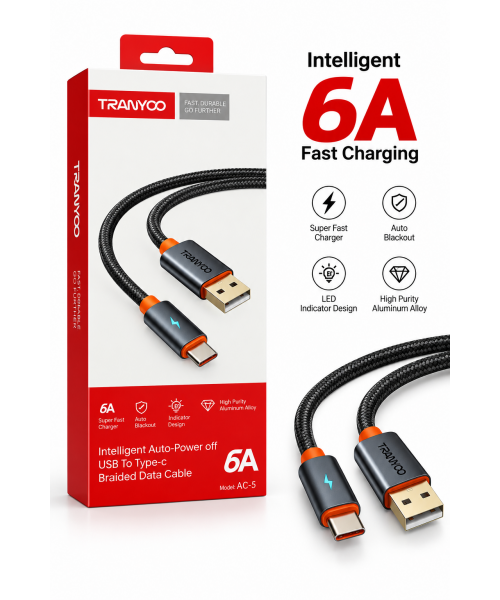 TRANYOO AC-5 Καλώδιο USB-A σε Type-C 6A Fast Charging Braided με LED & Auto Power-Off – Μαύρο/Πορτοκαλί